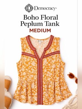 Democracy Boho Floral Peplum Tank Top Medium Mustard Embroidered Sleeveless